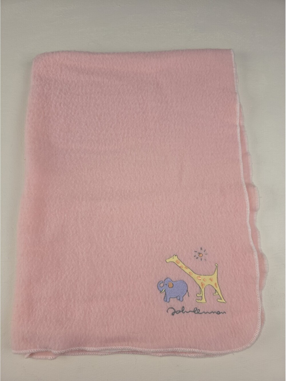 Vtg Carters John Lennon Baby Blanket Fleece Elephant Giraffe Embroidered Pink